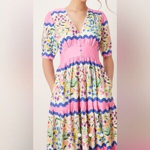 Hope & Ivy v-neck puff sleeve midi smock dress in multi